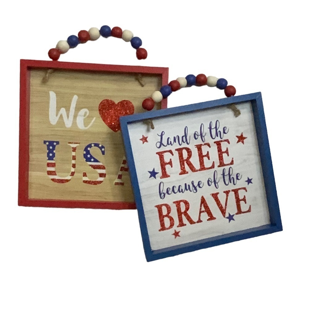 Patriotic Wall Decor Hangings Shadowbox Signs Beaded Square 8 in X 8 in